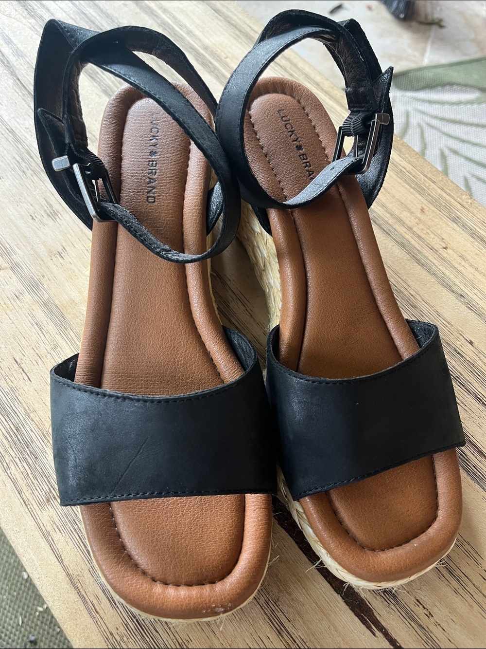Lucky Brand Nalmo Black and Brown Platform Ankle-Strap Sandals
